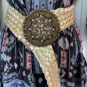 Artisan GOLD Woven LEATHER Belt With RHINESTONE Concho BUCKLE One-Size